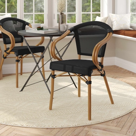 Flash Furniture Marseille French Bistro Stacking Chair w/Arms, Black Textilene and Bamboo Print Alum Frame, Natural SDA-ADS642108-BK-NAT-GG